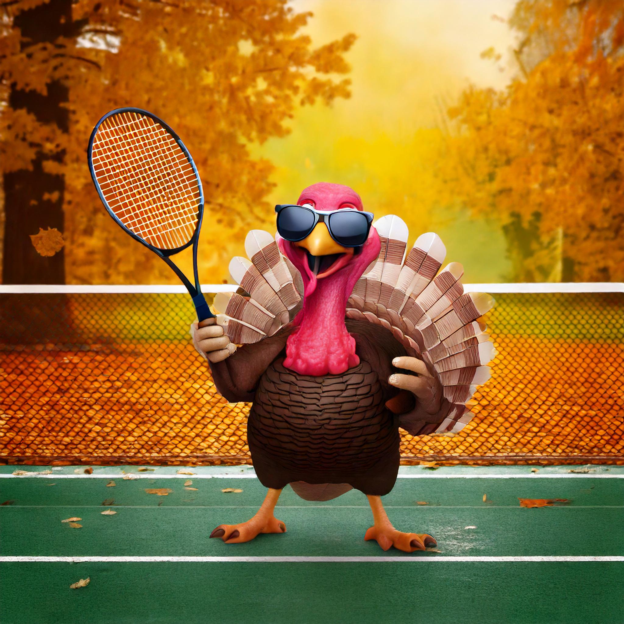 Firefly happy turkey wearing sunglasses playing tennis on a tennis court with an autumn background 6 (1)