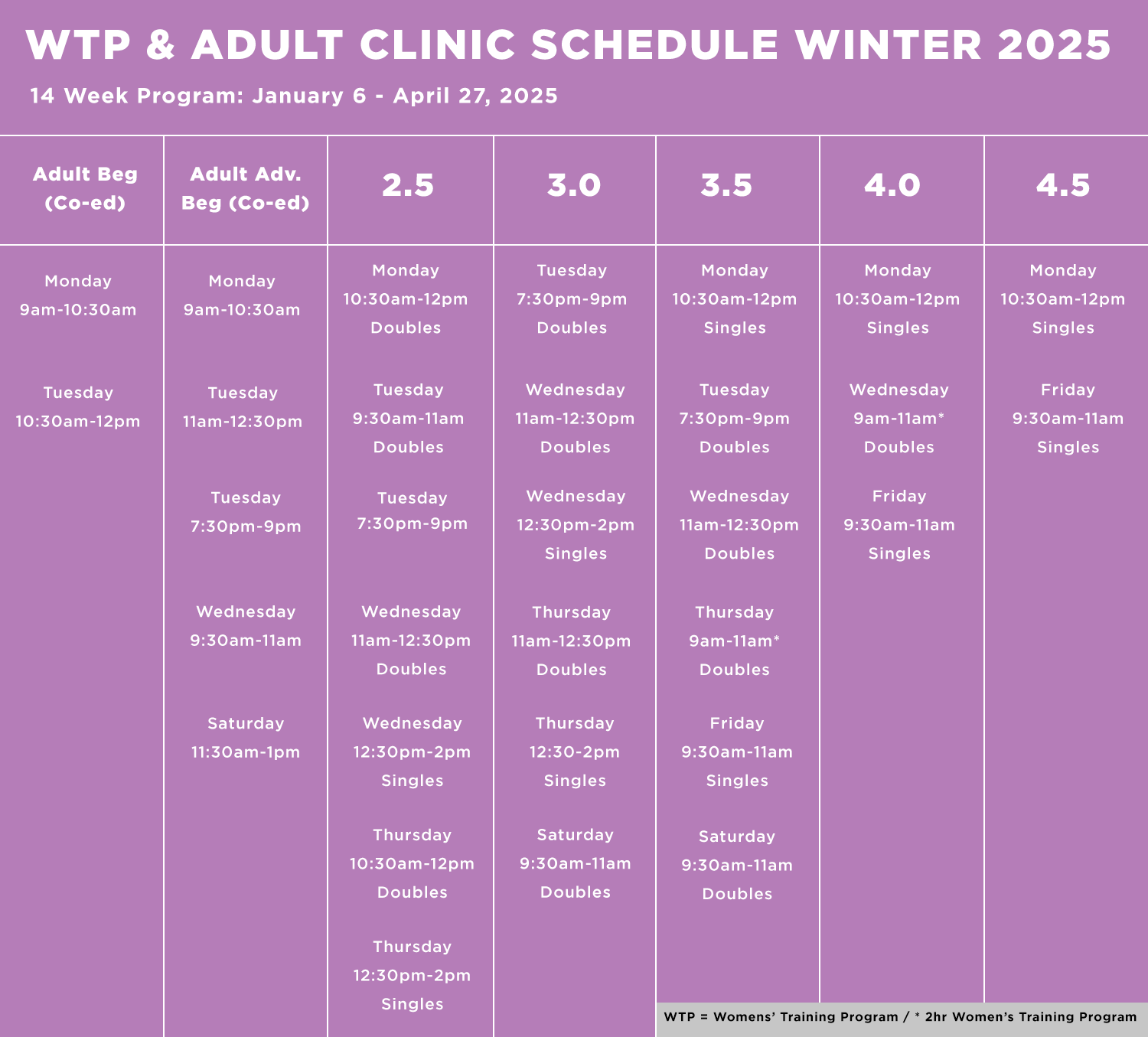 WTP & Adult Clinic Program Schedule Winter 2025