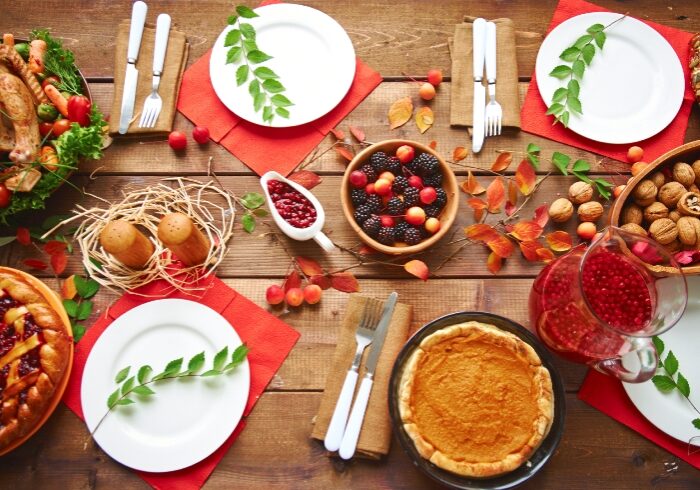 High angle view of table served for thanksgiving dinner with family